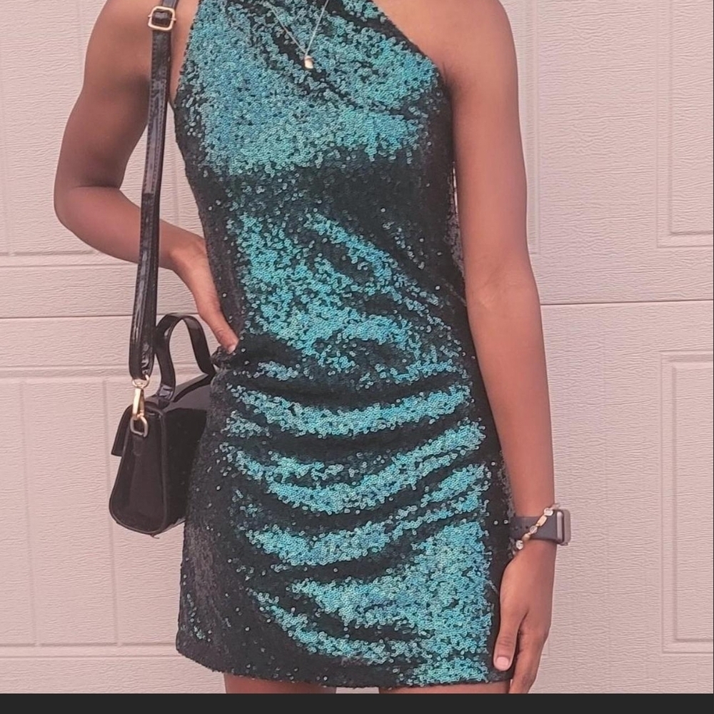 Lulu's Teal and Black One-Shoulder Sequin Mini Dress